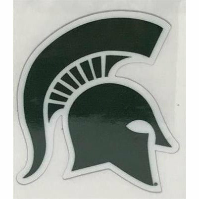 Cutout auto magnet in the shape of a Spartan helmet logo, which is dark green with white outlines
