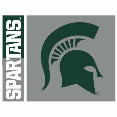 Rectangular note cards with a medium-gray block on the right hand side, featuring a dark green Spartan helmet. A green and gray block on the left quarter reads "Spartans" in white block text. A white line divides the two sections.