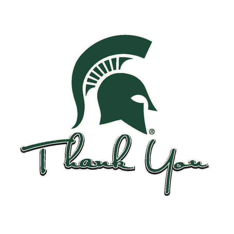 White rectangular thank you card with a green Spartan helmet centered above script text reading Thank You