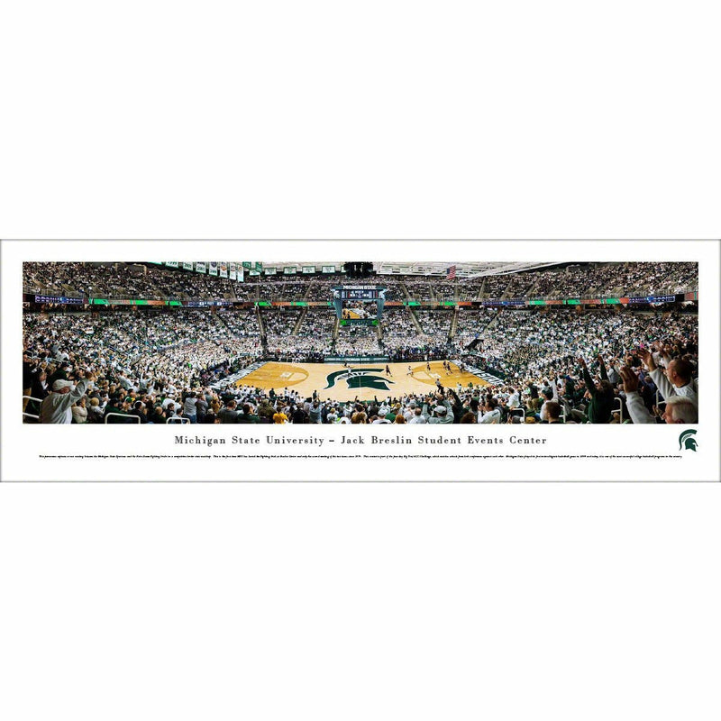 Panorama photo of the Breslin Center basketball court from the stands, which are full of fans in green and white. Text centered under the photo reads "Michigan State University - Jack Breslin Student Events Center" with a green Spartan helmet to the right