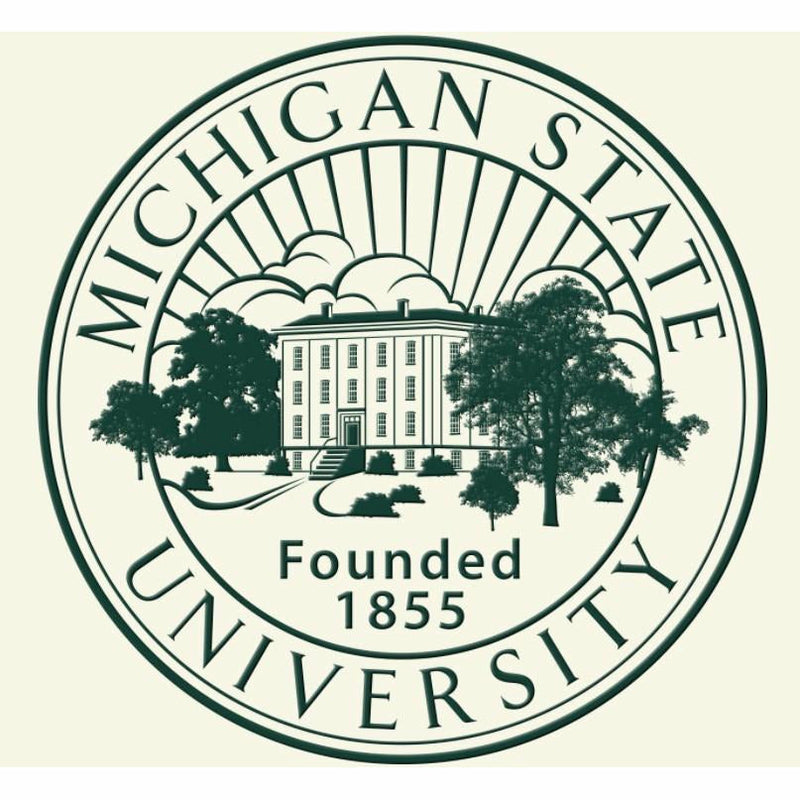 Close-up render of the Michigan State University seal in forest green on an off-white background