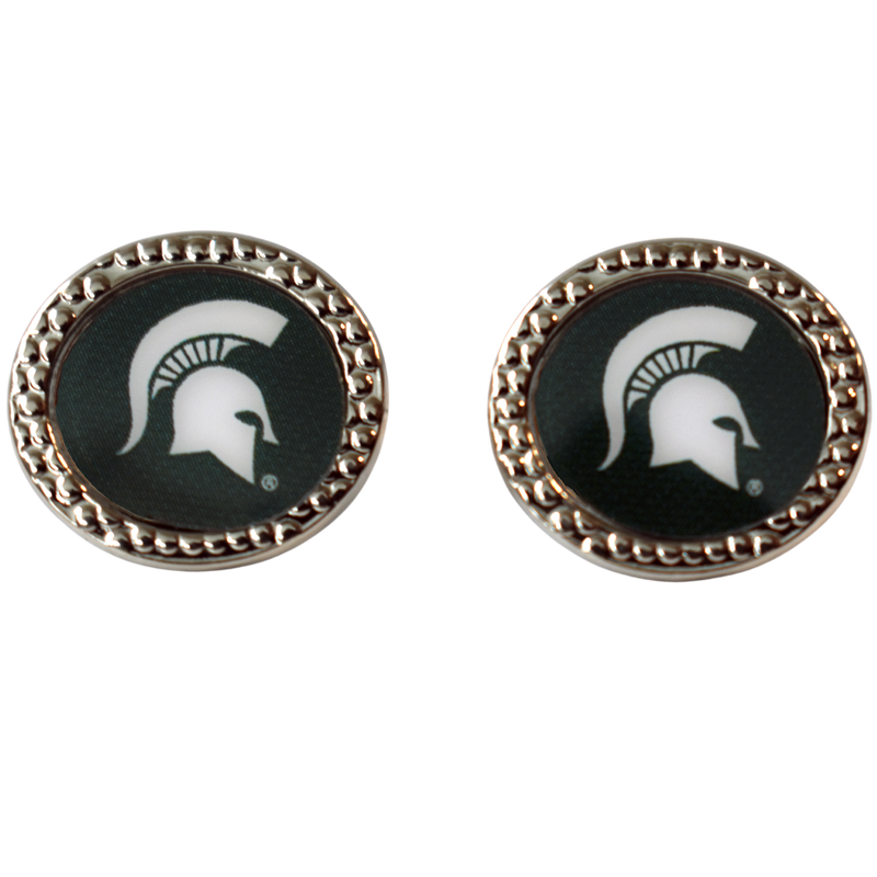 Circular nickel earrings, each with a hammered finish and the center is a dark green enamel circle with a white Spartan helmet.