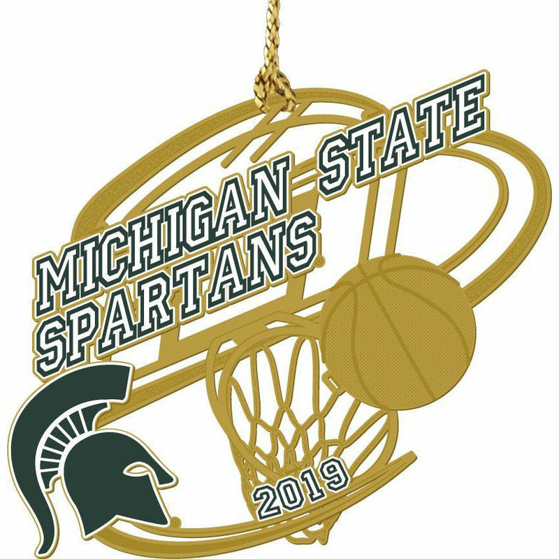 Gold ornament in the shape of a basketball hoop and backboard with a golden basketball about to go in. A dark green Spartan helmet is on the left, with athletic style text reading Michigan State Spartans 2019