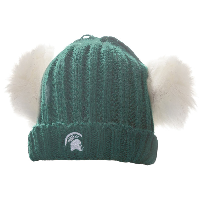 Dark green knit beanie hat with a white Spartan helmet embroidered on the center of the cuff. On each side of the hat is a fuzzy white pom pom, giving the hat the shape of a teddy bear.
