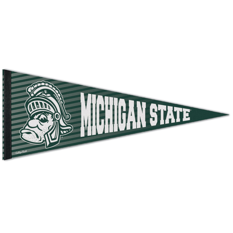 Dark green pennant with faded white stripes. Printed with a Gruff Sparty Mascot and Michigan State
