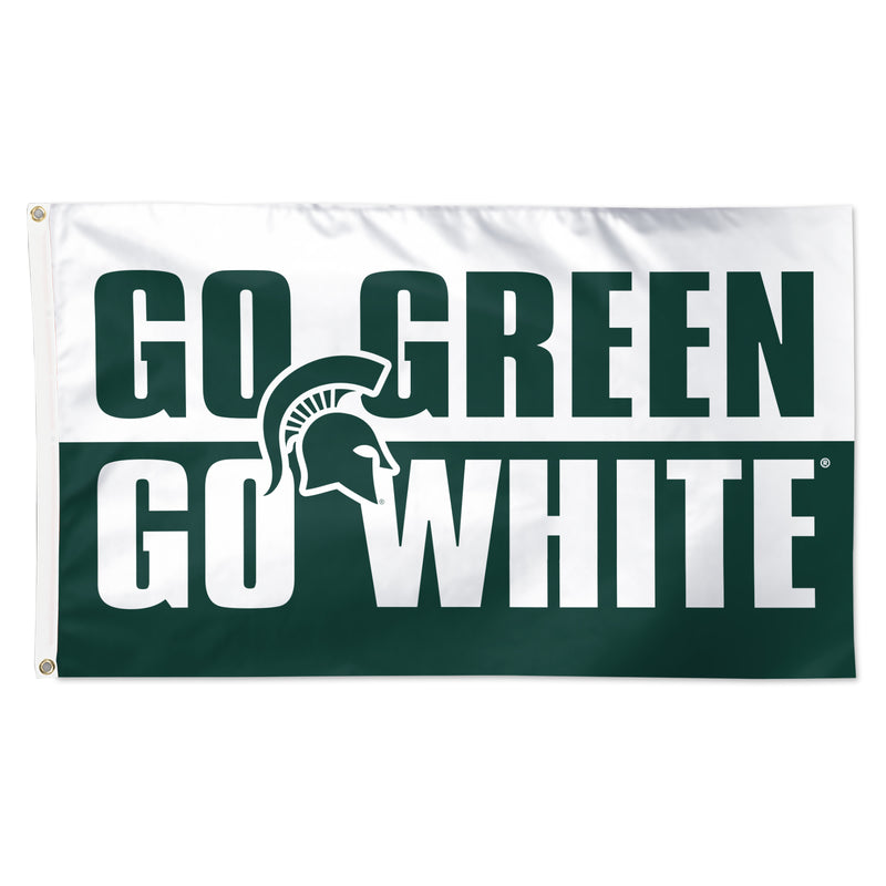 Two panel flag. Top white panel reads "go green" in block letters, and bottom dark green panel reads "go white." A dark green Spartan helmet outlined in connects the two