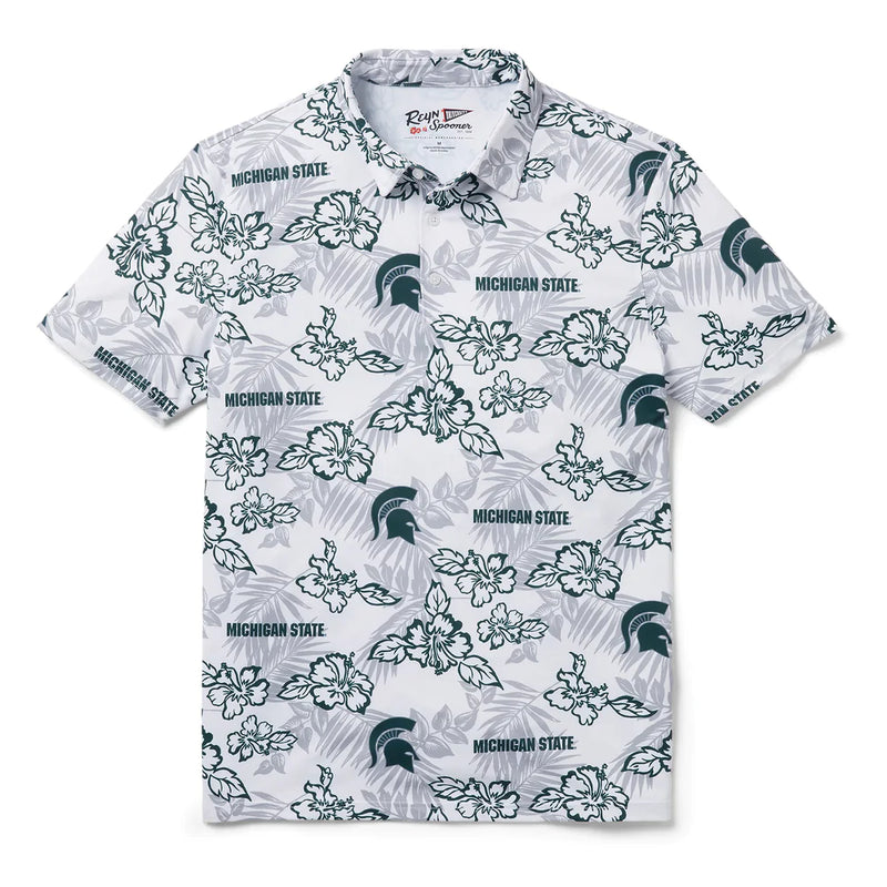 White collared polo shirt with repeating aloha print, Spartan helmets, and Michigan State in green