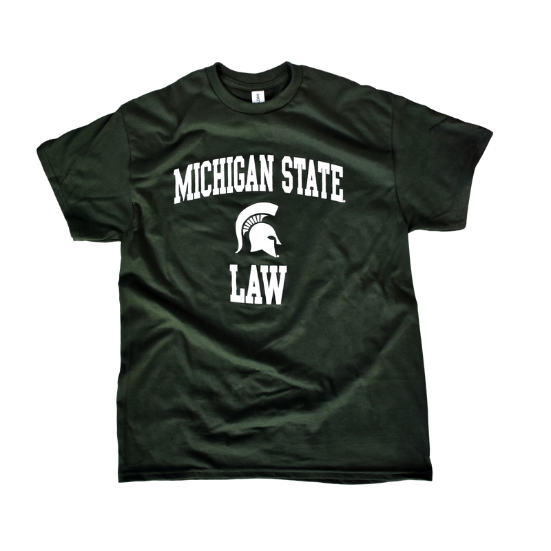 Forest green crewneck short-sleeve t-shirt. In block letters on the center chest is an arch reading Michigan State over a Spartan helmet. Below that is a block letter line reading law.