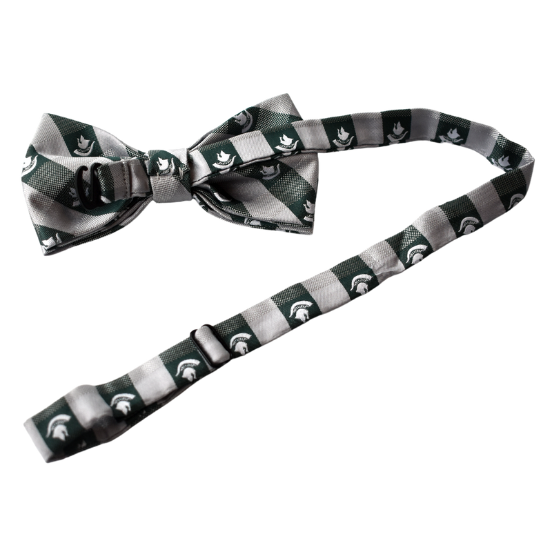 Back of a light gray and dark green gingham patterned bowtie, showing the clip. The solid green squares feature a small white Spartan helmet.