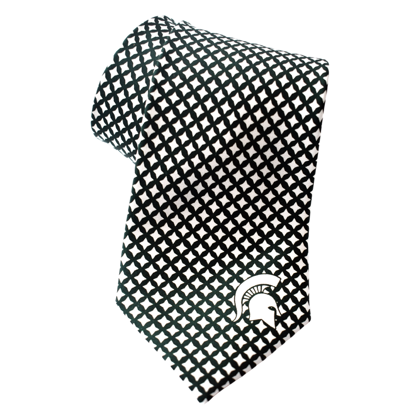 Dark green tie with a beveled diamond pattern in white. At the bottom of the tie, skewed to one side, is a white Spartan helmet.