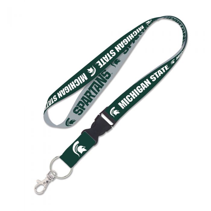 Lanyard printed with Michigan State Spartans and Spartan helmets. One side has a green background with white printing and the opposite side has a white background with green printing. Bottom of lanyard has a black buckle the releases a webbing and metal key clip.