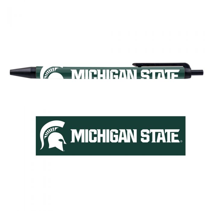 Dark green pen printed with Spartan helmet and Michigan State in white. Pen has black tip, click action, and pocket click. Below the pen is dark green rectangle with a Spartan helmet and Michigan State in white to show the whole logo.