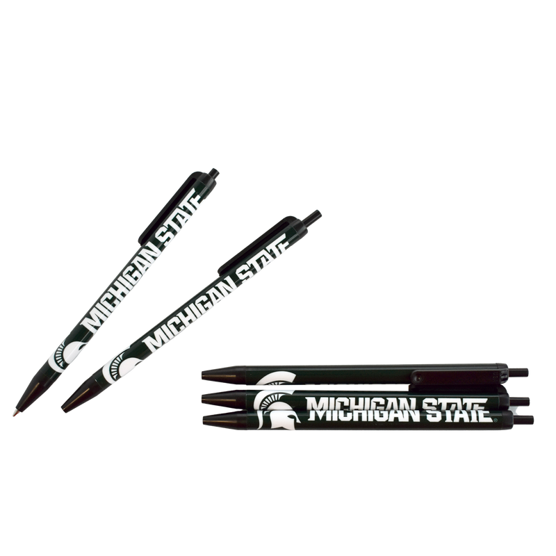 Five pens at different rotations showing the forest green wrap with a white Spartan helmet and Michigan State block lettering. One of the pens is clicked to show the ballpoint.