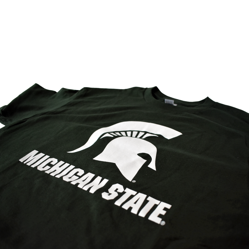 Close-up of the white Spartan helmet and text printed on the forest green t-shirt.
