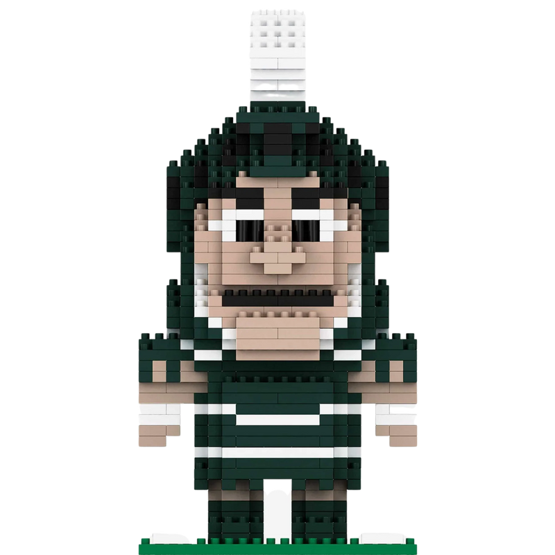 Head-on view of the assembled Sparty BRXLZ mascot. Like the real Sparty, the BRXLZ mascot is wearing a green outfit and helmet with white accents.