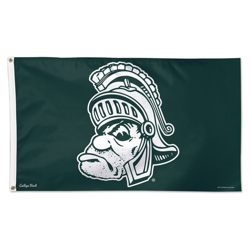Dark green flag printed with a white illustration of the Gruff Sparty logo