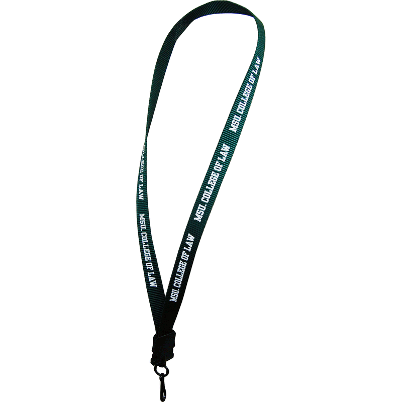 Forest green lanyard with a black clasp at one end. Around the lanyard, block text repeats "MSU College of Law"