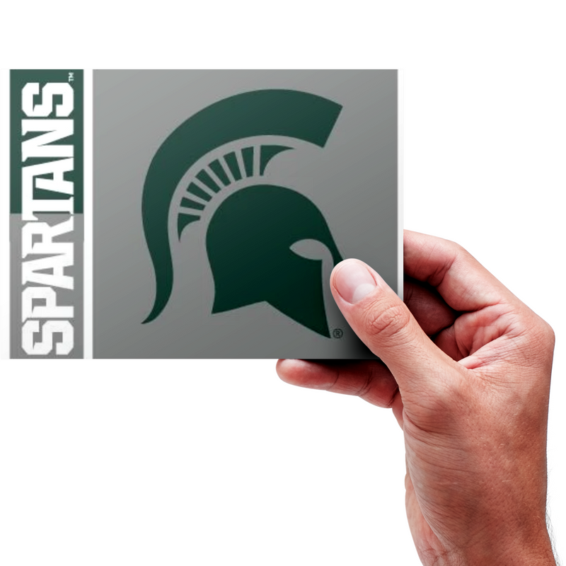 Mock-up of a hand holding up a Michigan State notecard, showing the rough scale of the notecard.