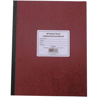 Cover of a red lab notebook. The cover includes a white sticker with lines to write down department, subject, name, and address information. 