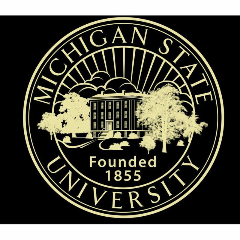 Close-up render of the Michigan State University seal in gold on a black background