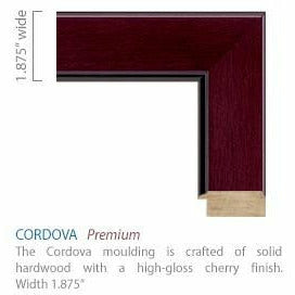Close-up render of the 1.875" wide frame corner. Text reads "The Cordova moulding is crafted of solid hardwood with a high-gloss cherry finish." Frame is a flat style with a slight ridge from the interior lip