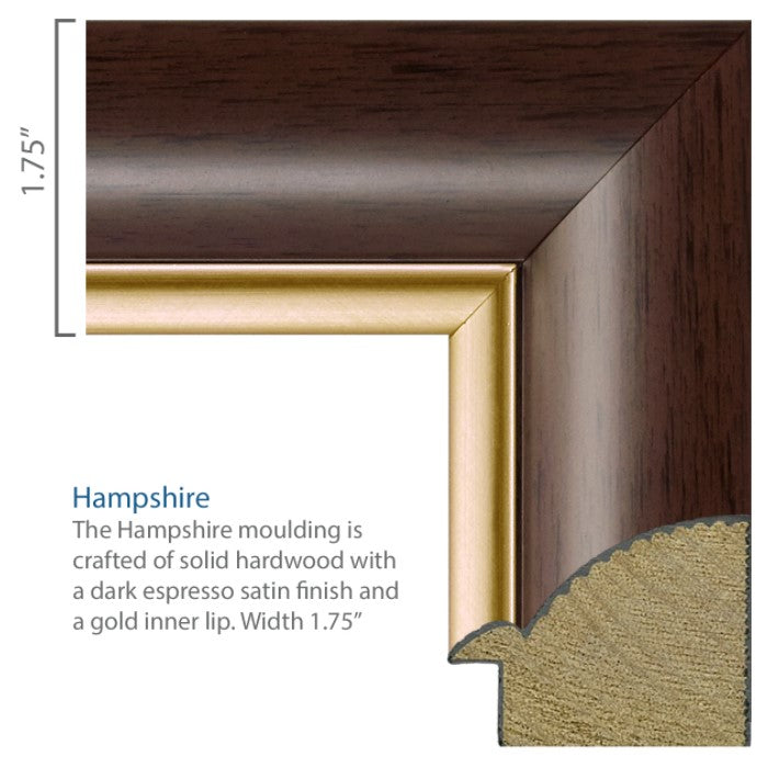 Close-up render of the 1.75" wide frame corner. Text reads "The Hampshire moulding is crafted of solid hardwood with a dark espresso satin finish and a gold inner lip." Frame has a quarter-circle shape