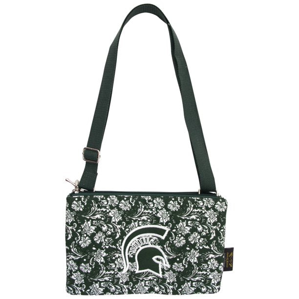 Dark green wallet with a green and white floral pattern. A dark green Spartan helmet is embroidered to the center with white edges, and the purse has a dark green strap and silver accents.