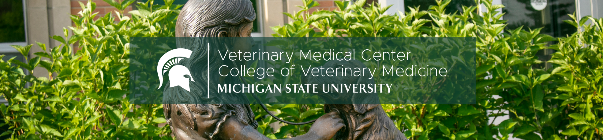 A banner with a statue of a child checking the heart rate of a dog. The College of Veterinary Medicine signature logo is in front of the statue. 