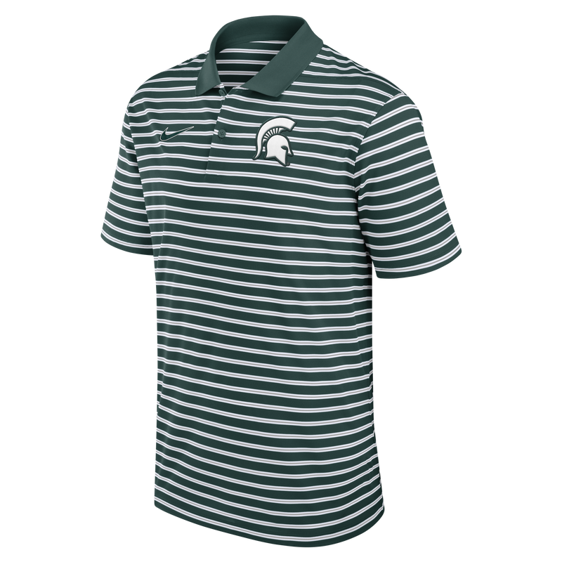 A horizontal striped green and white Nike polo shirt with a green collar. On the right chest of the polo is the Nike logo and on the left chest is a white Michigan State Spartan helmet logo. 