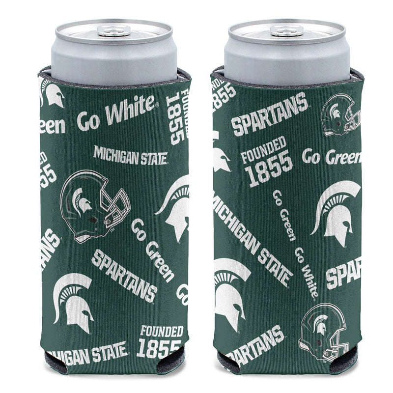 A dark green 12 fluid ounce slim can cooler with various Michigan State University icons printed on the side. The icons shown include "Go Green, Go White", "Spartans" in the MSU athletics font, A MSU green football helmet, the text "Founded 1855" and a white MSU spartan helmet logo. 