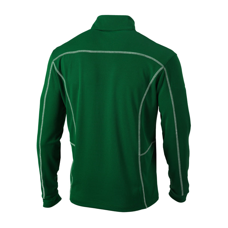 Back view of green quarter-zip with white contrast stitching