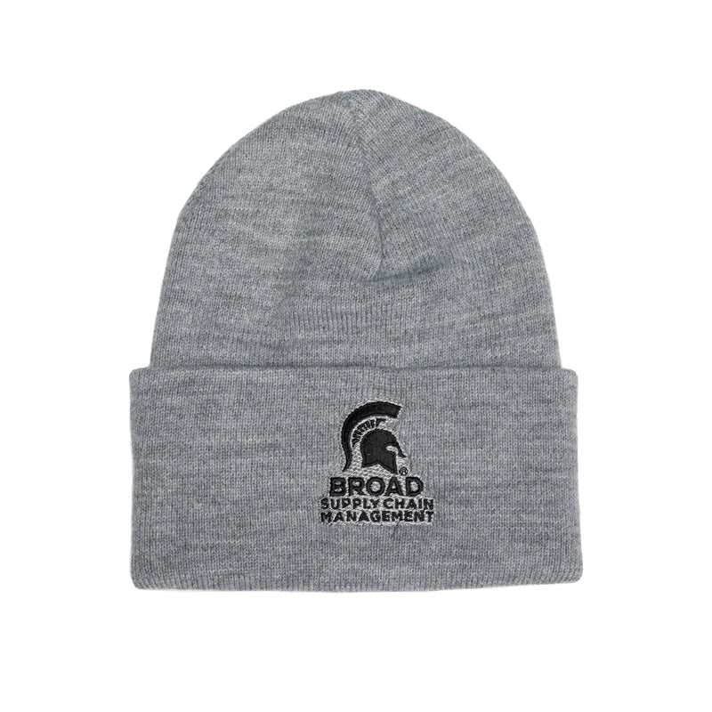 Flat image of a gray knit beanie with a forest green embroidered Spartan helmet over the Broad Supply Chain Management logo in the center of the cuff.