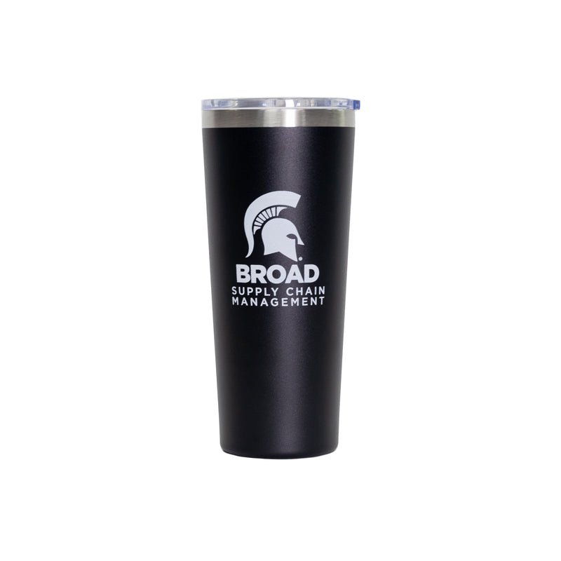 Black tumbler with a white Spartan helmet over the Broad Supply Chain Management logo in center.