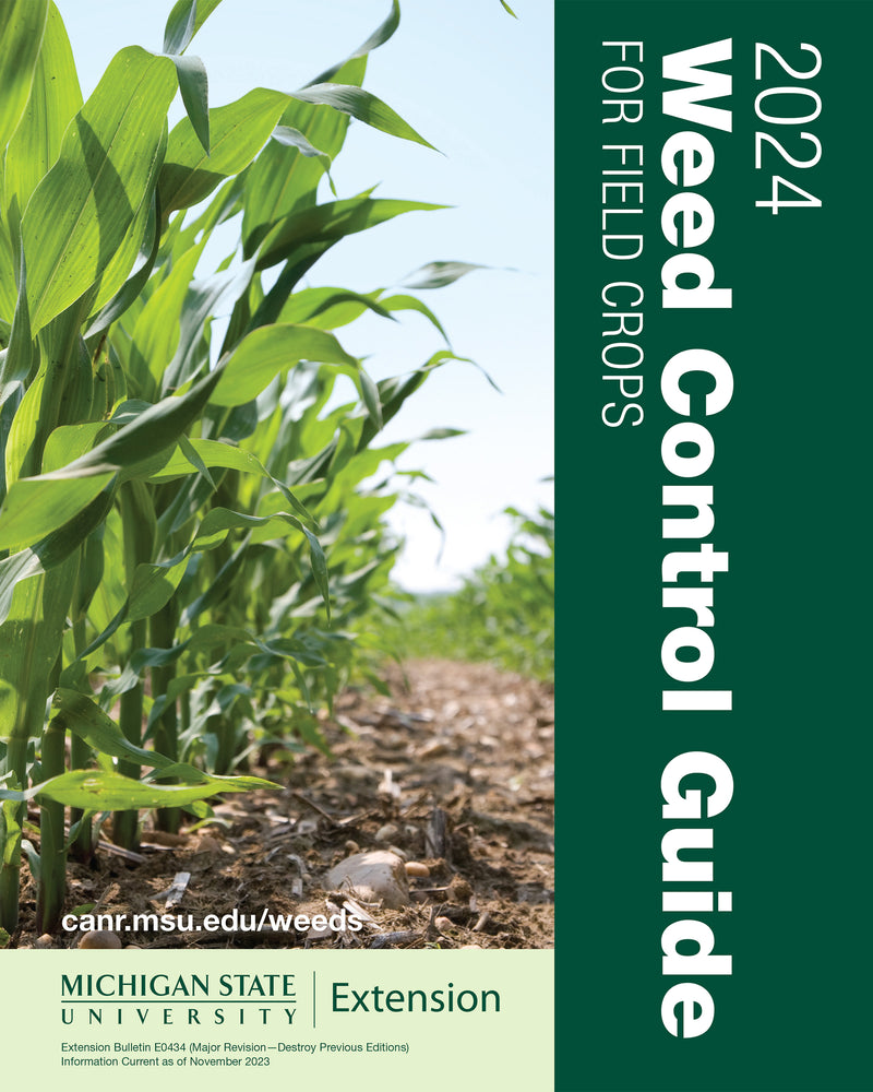 Cover of the guide "2024 weed control guide for field crops." Next to the title is a picture of a row of corn stalks in a field. 