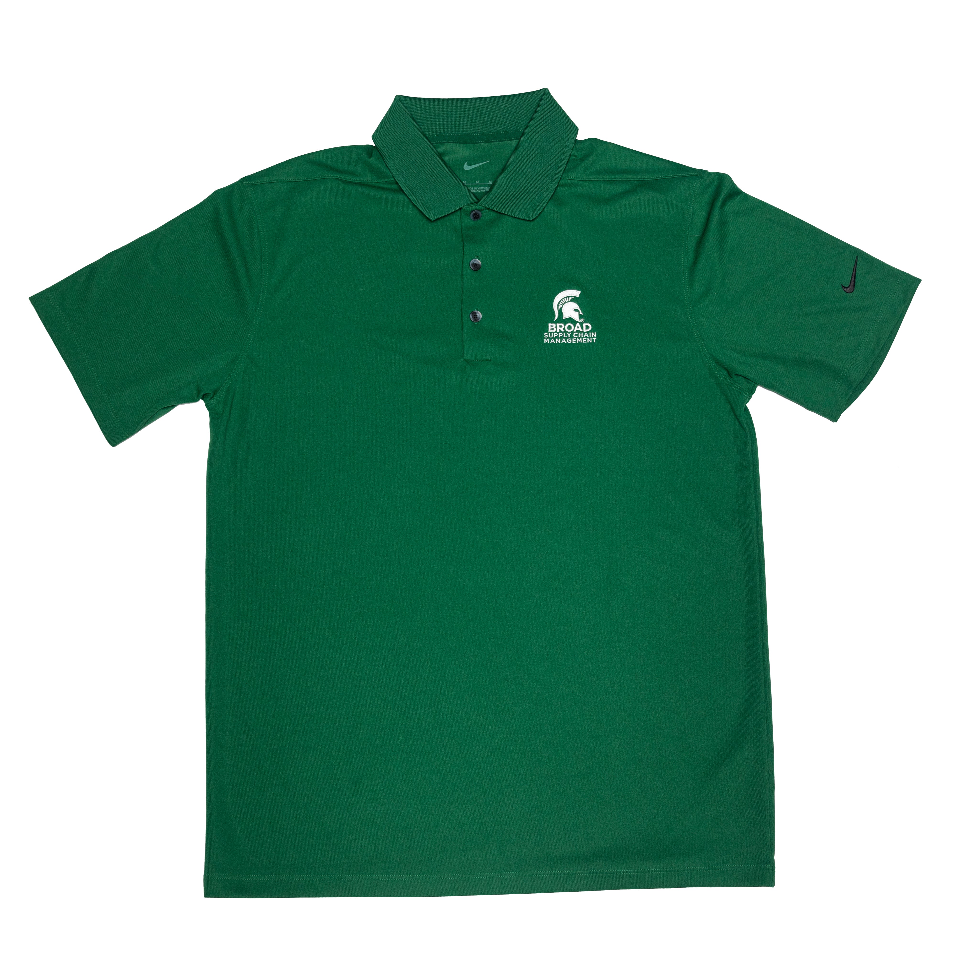 Green short sleeve Nike collared polo with three buttons. A white Spartan helmet over the Broad Supply Chain Management logo is embroidered on the left chest.