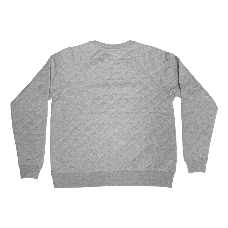 Back of a light gray quilted pullover crewneck sweatshirt.