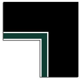 Corner of the mat, which is black with an inner  matter of dark green, outlined in white.