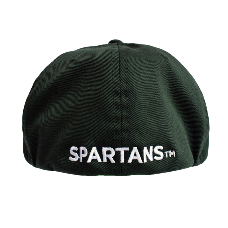 Back view of a green baseball cap. White embroidery reads Spartans in all caps and is centered on the back, just above the edge.