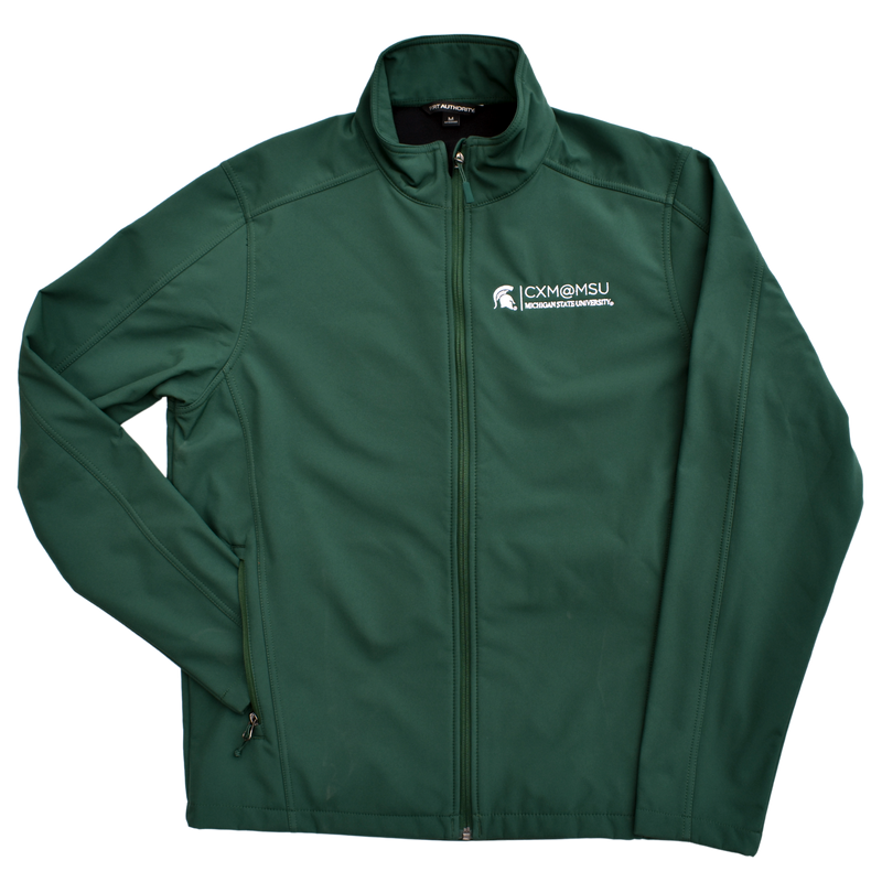 Green jacket with a standing collar and the CXM at MSU signature logo embroidered in white on the left chest
