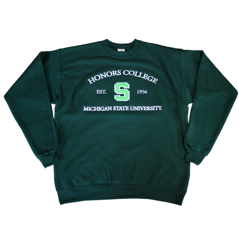 Crewneck sweatshirt in the forest green. Across the chest are three lines of white text with an embroidered “Honors College”, “Est. 1956”, and “Michigan State University”. Between “Est.” and “1956” is a large block S in lime green.    