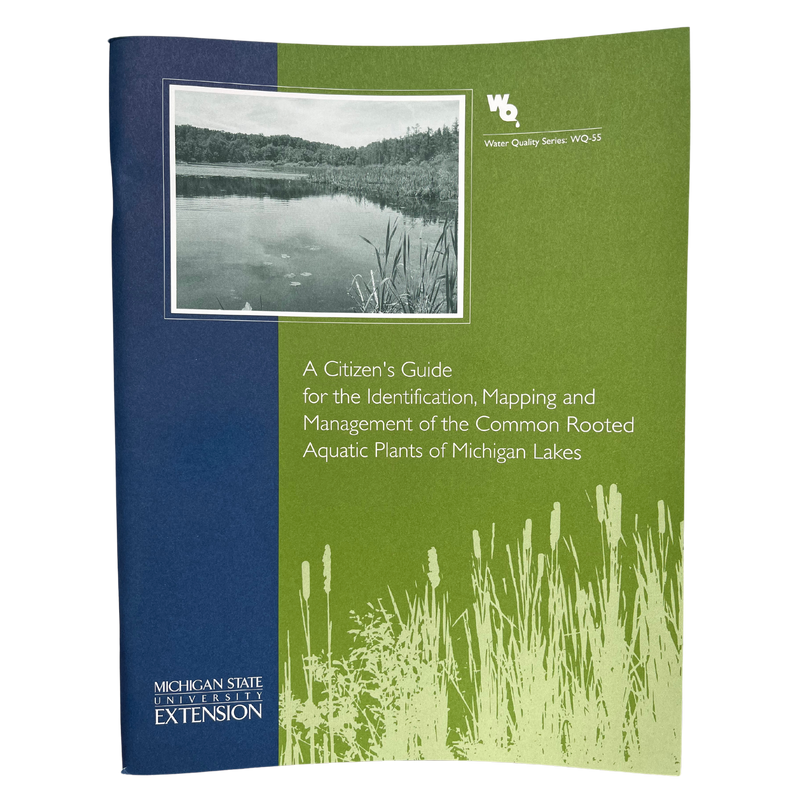 A blue and green cover of a manual titled "A citizen's guide for the identification, mapping and management of the common rooted aquatic plants of the Michigan lakes." In the top left corner is a black and white picture of a lake with crabgrass on the right side of the lake.