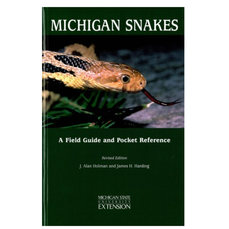 Michigan Snakes book cover with a tan snake with black spots and his tongue sticking out.