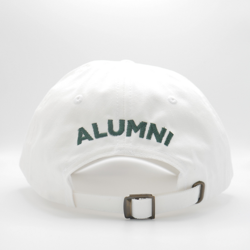 The back of a white baseball-cap style hat with the word "Alumni" in green and all caps across the back. 