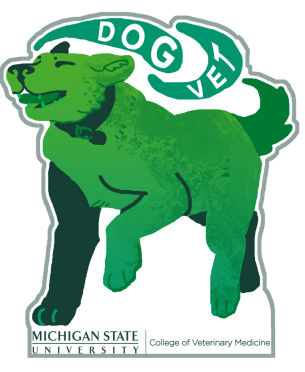 A sticker of a green dog frolicking with the words "Dog Vet" in green above it. The Michigan State University College of Veterinary Medicine signature logo is at the bottom of the sticker. 