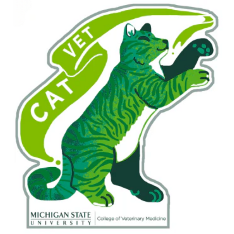 A sticker of a green cat playing, with the words "Cat Vet" in green to the left of the cat. Below the cat is the Michigan State University College of Veterinary Medicine signature logo.