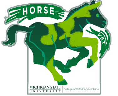 A sticker with a green galloping horse. Above the horse reads the word "Horse Vet". Below the horse is the Michigan State University College of Veterinary Medicine signature logo. 