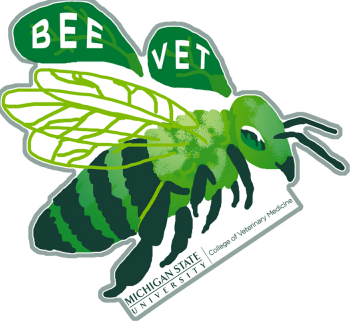 A sticker of a green bumblebee. Above the bee is the text "Bee Vet". Below the bee is the Michigan State University College of Veterinary Medicine signature logo. 