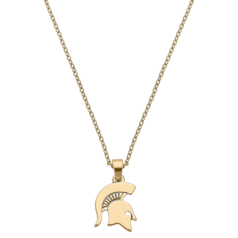 A gold plated, 16 inch necklace with a gold Michigan State spartan helmet pendant. 