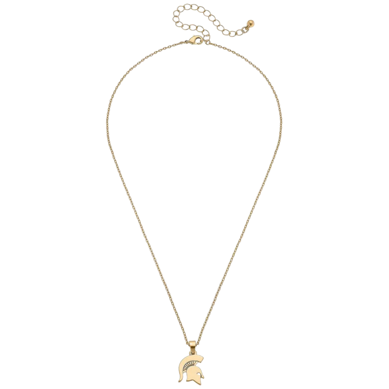 A gold plated, 16 inch necklace with a gold Michigan State spartan helmet pendant. A 3 inch extender is attached at the top of the necklace.