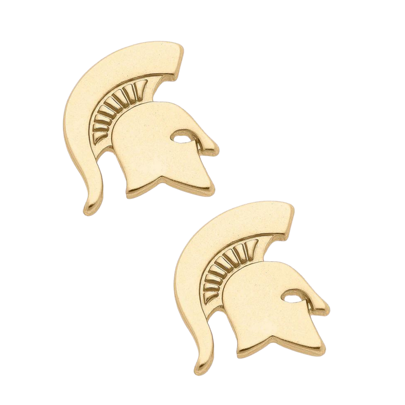 A pair of gold plated stud earrings shaped as a Michigan State Spartan helmet logo. 
